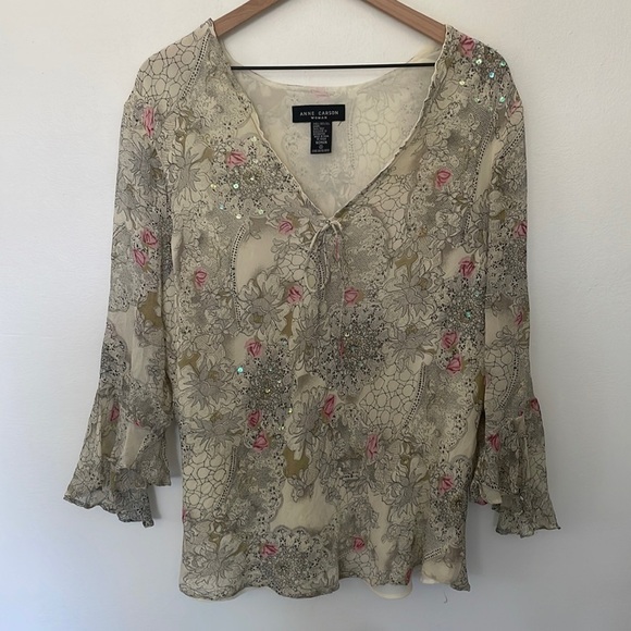 Vintage Tops - Ann Carson | 100% Silk Y2K Flounce Sleeve Sequin Boho V neck Peasant Top Size 2X